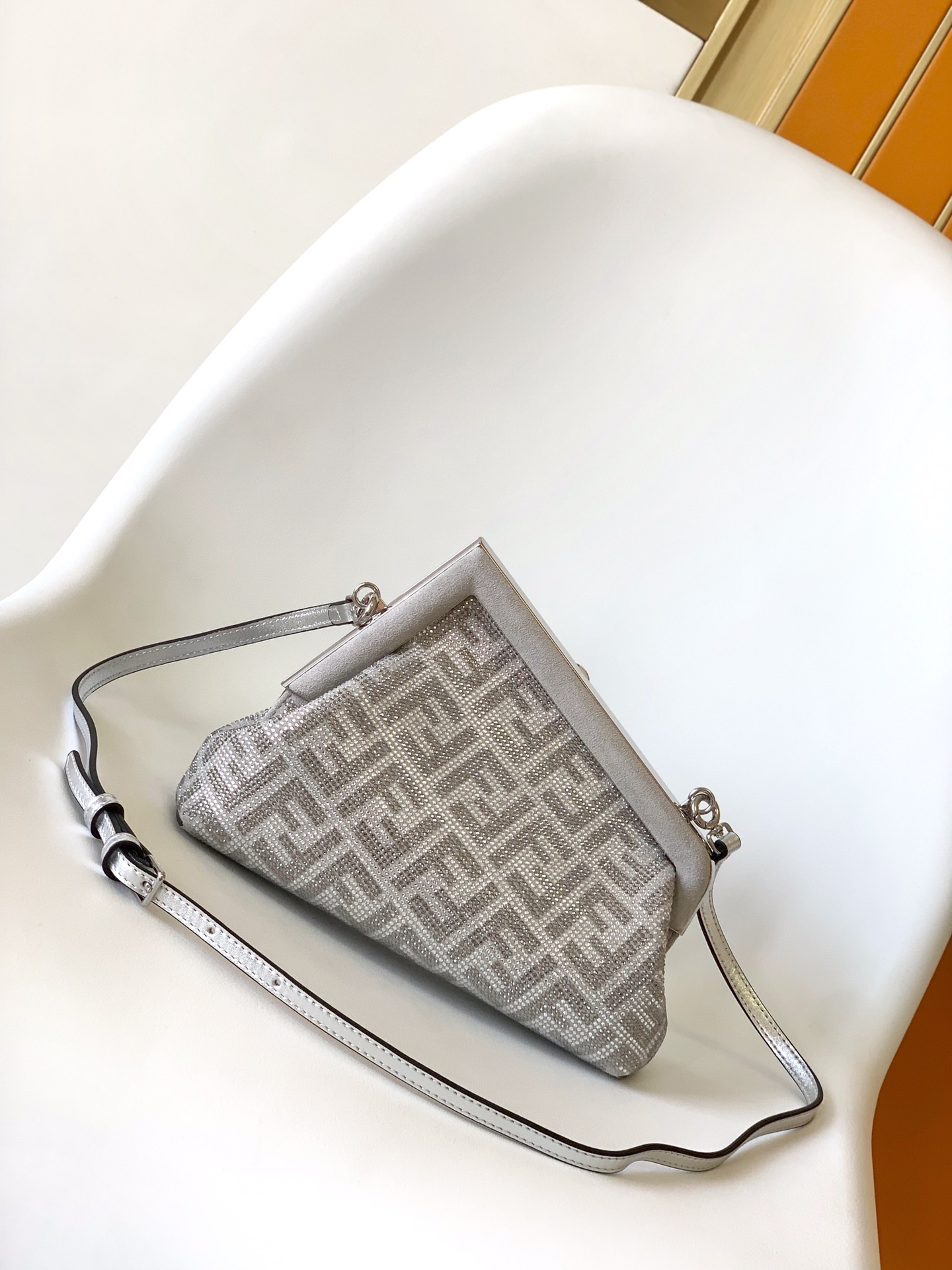 Fendi Small First FF Jacquard Fabric Shoulder Bag Silver Grey